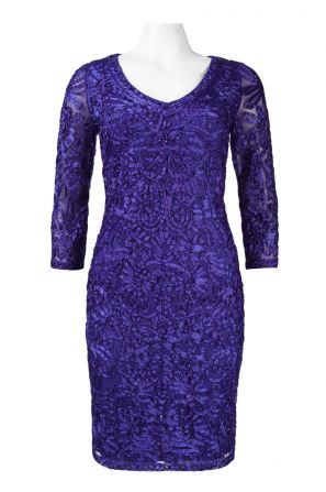 Sue Wong V-Neckline Ribbon Embellishment Mesh Overlay Dress
