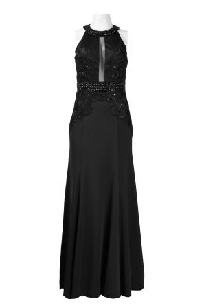 Sue Wong Halter Neckline Open Back Embellished Bead and Rhinestone Ponte Blend Dress