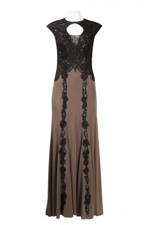 Sue Wong Crew Neck Cap Sleeve Keyhole Front Sequined Mesh & Jersey Dress
