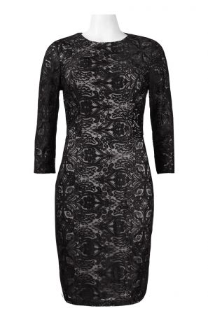 Sue Wong Crew Neck 3/4 Sleeve Zipper Side Open Back Ornament Pattern Mesh Dress