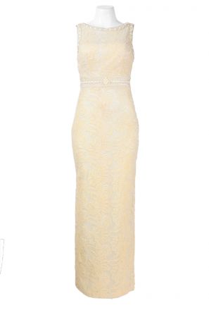 Sue Wong Boat Neck Sleeveless Cowl Back Beaded Waist and Shoulder Mesh Dress