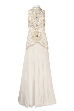 Sue Wong High Neck Sleeveless Keyhole Back Accordion Pleat Embellished Mesh And Chiffon Dress