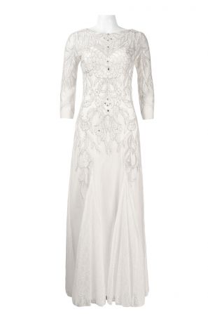 Sue Wong 3/4 Sleeve Boat Neck Embroidered Bodice Open Scoop Back Pleated Mesh Dress