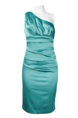 Suzi Chin for Maggy Boutique One Shoulder Ruched Bodice Satin Empire Dress