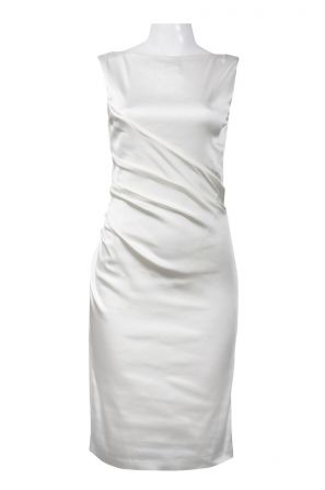 Suzi Chin for Maggy Boutique Bateau Neckline Draped Satin Sheath Dress