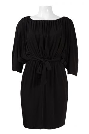 Suzi Chin Boat Neck 3/4 Sleeve Ruched Tie Waist Solid Jersey Dress