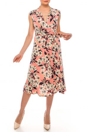 London Times Floral Print Cap Sleeve Surplice Neckline A-Line Midi Dress