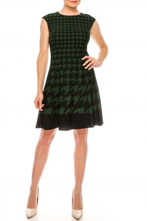London Times Houndstooth Print A-Line Day Dress