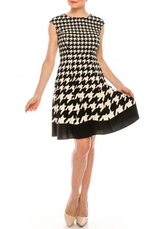 London Times Houndstooth Print A-Line Day Dress