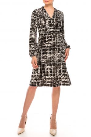 London Times Grey Black Printed Long Sleeve Dress