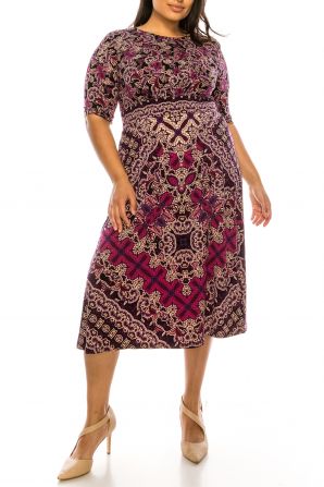 London Times Black Fuchsia Multi Print Midi Dress