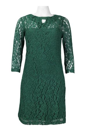 Taylor 3/4 Sleeve Keyhole Pleated Neckline Floral Cotton Lace Overlay Dress