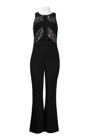 Taylor Sleeveless Floral Lace Insert Crepe Flare Jumpsuit