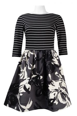Taylor Elbow Sleeve Striped Ponte Bodice Floral Scuba A-Line Dress (Petite)