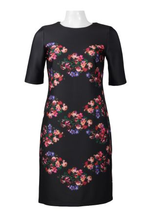 Taylor Crew Neck Short Sleeve Zipper Back Floral Print Scuba Dress