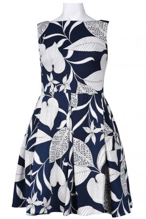Taylor Bateau Neckline Leaf Print Pleated Jersey Dress