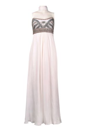 Theia Strapless Mixed Beadwork Empire Waist Silk Chiffon Long Dress