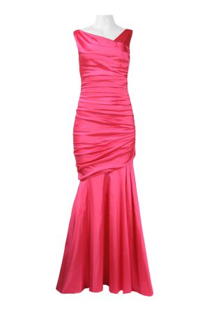 Theia Asymmetric Neck Sleevless Pleated Scoop Back Mermaid Taffeta Dress