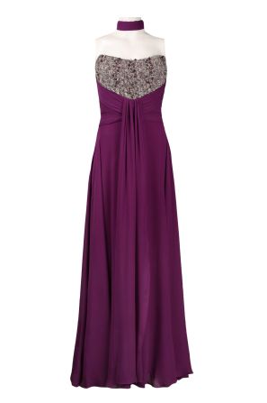Theia Strapless Sequin and Pearl Beat Front Detail Silk Chiffon Dress