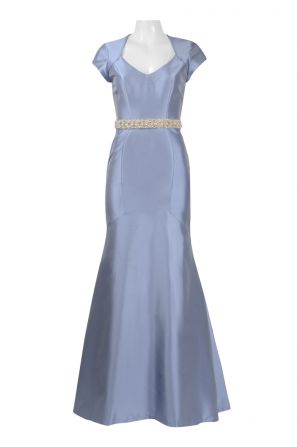 Theia Queen Anne Neck Cap Sleeve Cutout Back  Embellished Waist Trumpet Satin Dress