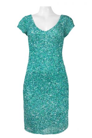 Theia Scoop Neck Short Sleeve Zipper Back Bodycon Sequin Dress