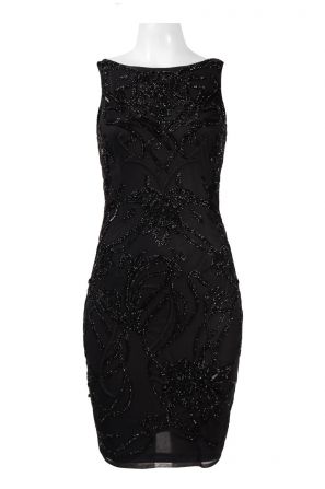 Theia Boat Neck Sleeveless Zipper Back Bodycon Beaded Mesh Dress