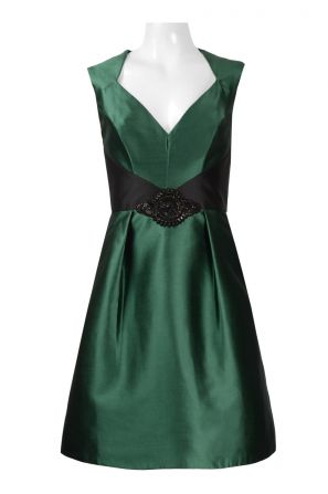 Theia Sweetheart Neckline Cutout Back Brooch Waist Iridescent Satin Dress