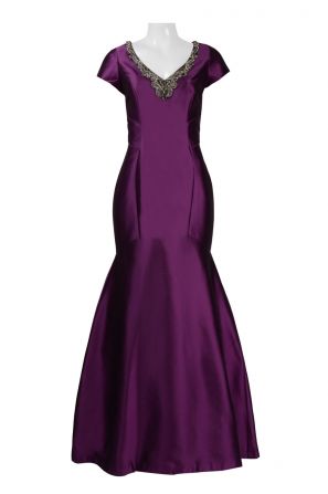 Theia Embellished Neck Short Sleeve Zipper Back Trumpet Dress