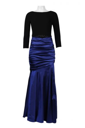 Theia Boat Neck Long Sleeve Zipper Back Ruched Embellished Waist Jersey & Iridescent Rayon Dress