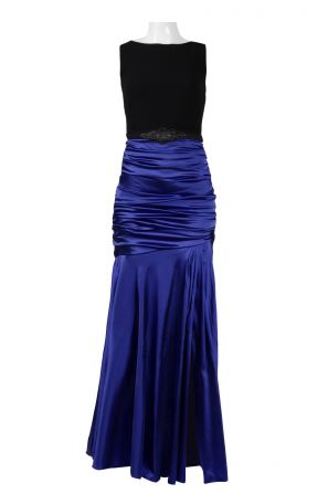 Theia Boat Neck Sleeveless Embellished Waist Ruched Zipper Back Jersey & Irridescent Dress