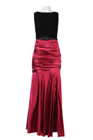 Theia Boat Neck Sleeveless Embellished Waist Ruched Zipper Back Jersey & Irridescent Dress