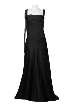 Theia Square Neck Sleeveless Cowl Back Solid Satin Dress