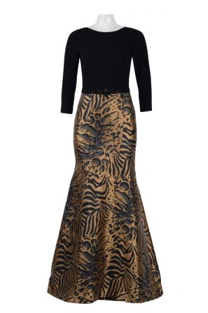 Theia Boat Neck Long Sleeve Embellished Waist Solid Crepe Bodice Animal Print Jacquard Dress
