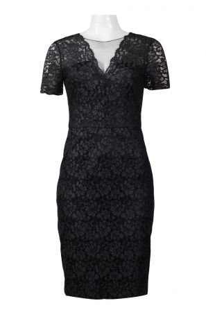 Theia Illusion V-Neck Zipper Back Short Sleeve  Floral Lace Dress