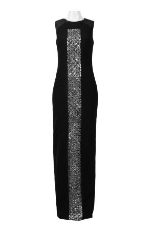 Theia Crew Neck Sleeveless Zipper Back Embellished Front Crepe Dress