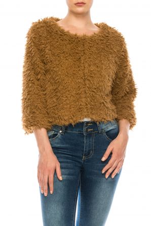 TM Collections Round Neckline Brown Faux Fur Cropped Jacket