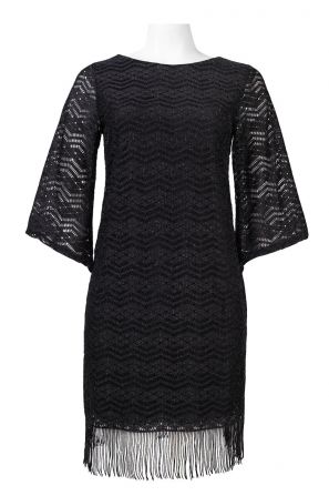 Trendmakers Angel Sleeve Wave Pattern Fringed Hem Lace Dress