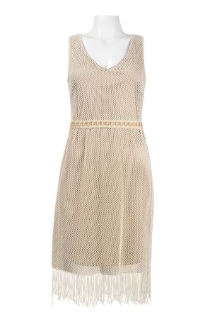 Trendmakers Sleeveless V-Neckline Fringed Hem Jersey Mesh Net Dress