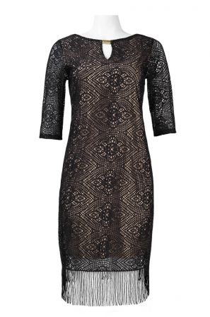 Trendmakers Elbow Sleeve Keyhole Neckline Fringed Hem Lace Short Dress