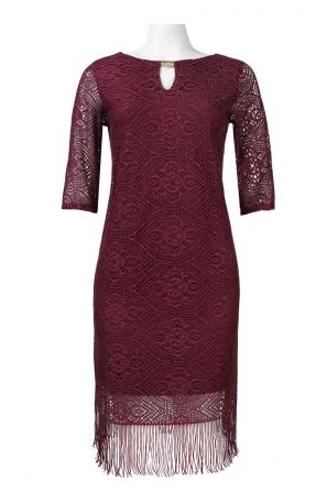 Trendmakers Elbow Sleeve Keyhole Neckline Fringed Hem Lace Short Dress