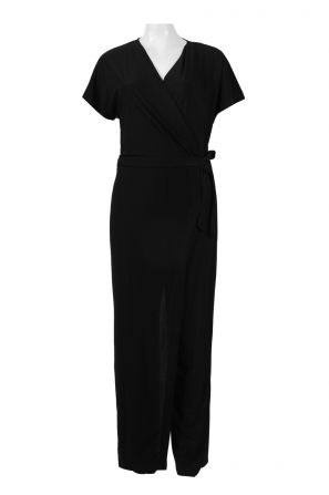 Trendmakers V-Neck Short Sleeve Tie Waist Solid Jersey Jumpsuit