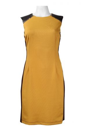 Trendmakers Round Neck Faux Leather Detail Shoulder Zip Ponte Dress