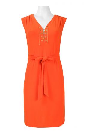 Trendmakers V-Neck Sleeveless Tie Waist Chain Detail Solid Jersey Dress