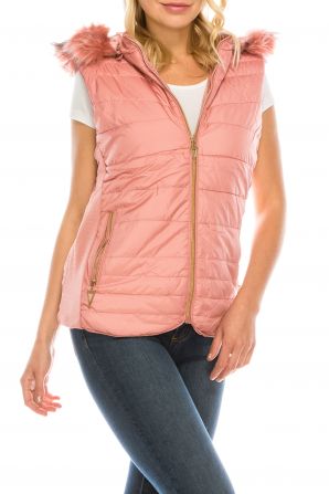 Urbanica Pink Puffy Quilted Vest Jacket with Faux Fur Trimmed Hood
