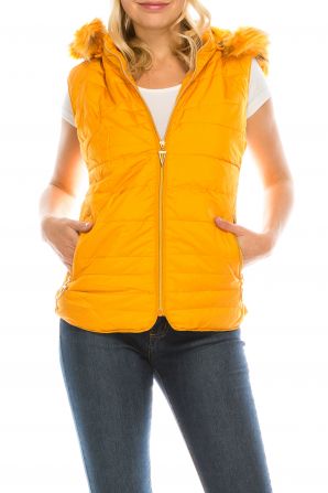 Urbanica Yellow Puffy Quilted Vest Jacket with Faux Fur Trimmed Hood