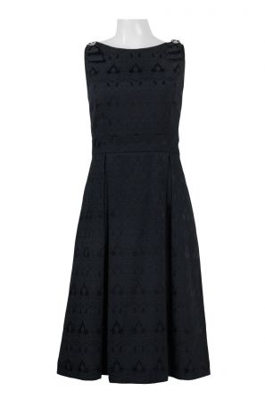 Ursula Boat Neck Embellished Shoulder Zipper Back Box Pleat Jacquard Dress
