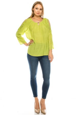 Vantarsi Lime Embroidered Cold Shoulder Button Tab Sleeve Woven Blouse