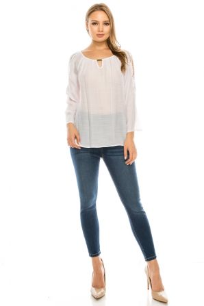 Vantarsi White Embroidered Cold Shoulder Button Tab Sleeve Woven Blouse