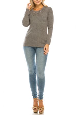 Vila Milano Wool Blend Embellished Neckline Sweater
