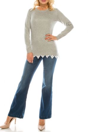 Vila Milano Silver Eggshell Cotton Blend Sweater with Lace Hem Trim